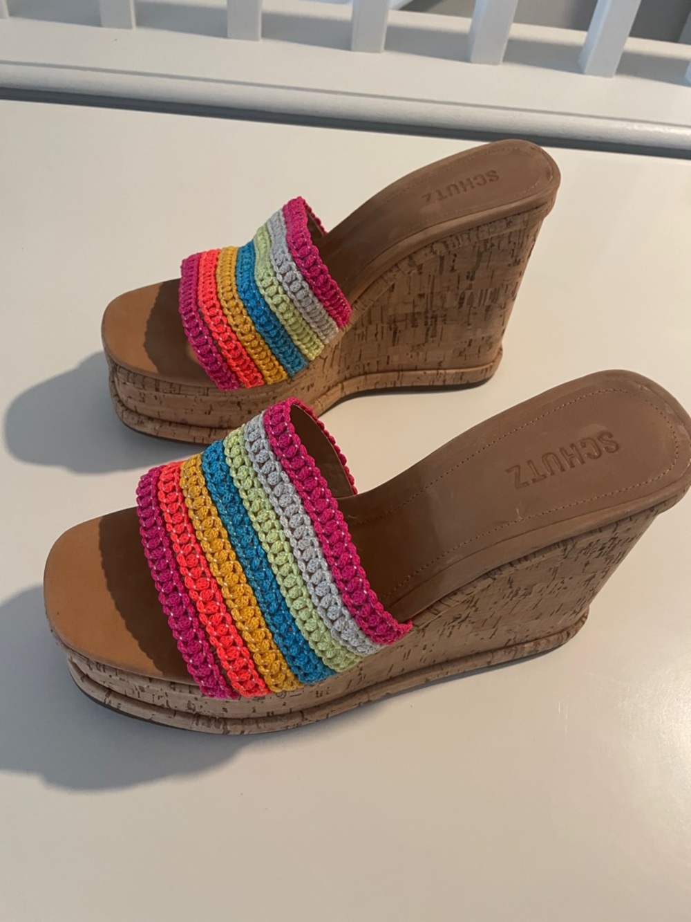SCHUTZ Dalle Platform Cork Wedge Sandal Multicolor Crochet Strap Size 9.5 - Picture 2 of 7
